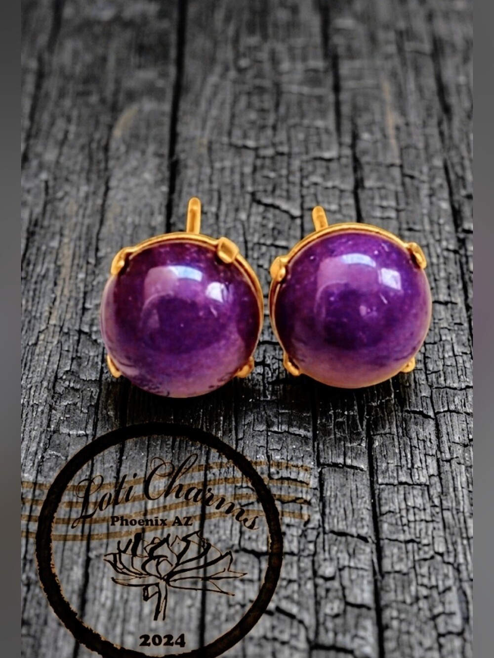 Purple Jade Stud Earrings In 18K Gold Plated